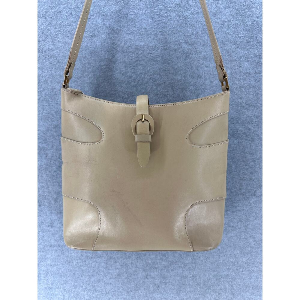 Vintage Etienne Aigner Cream Beige Leather Shoulder Bag Purse Brass Snap Buckle